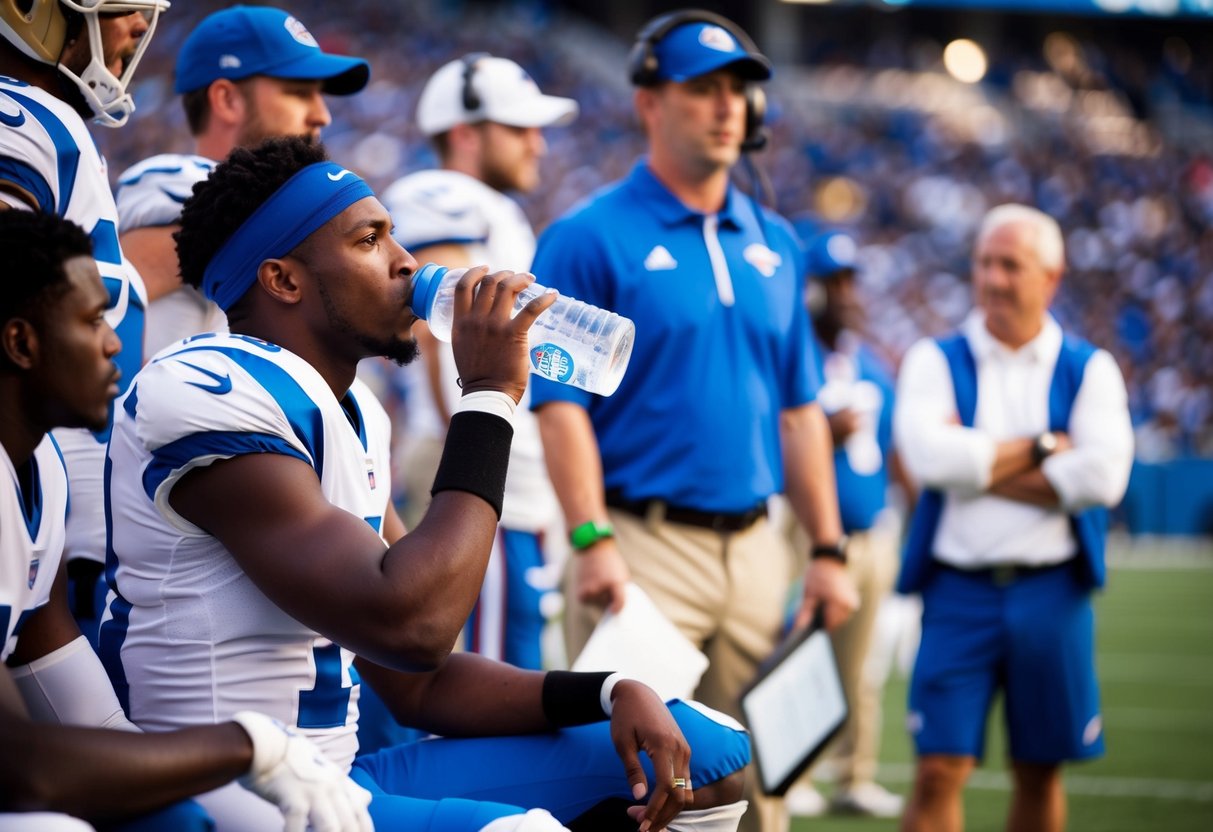 A football player drinking water from a sports bottle on the sidelines, surrounded by teammates and coaches