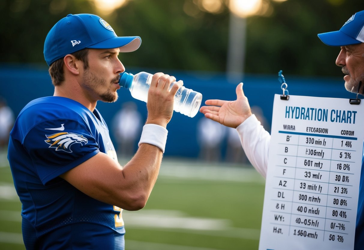 A football player on the field, drinking from a water bottle while a coach gestures towards a hydration chart on the sideline