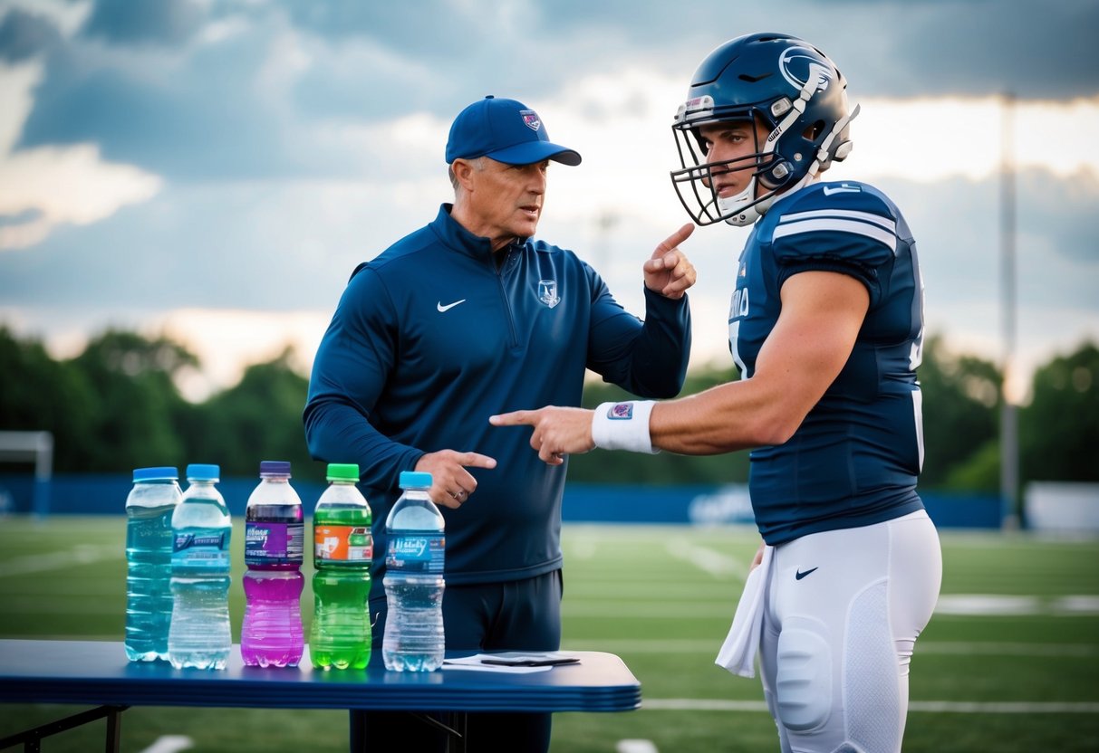 A football player standing next to a table with water, sports drinks, and other hydration options, with a coach pointing to the different choices