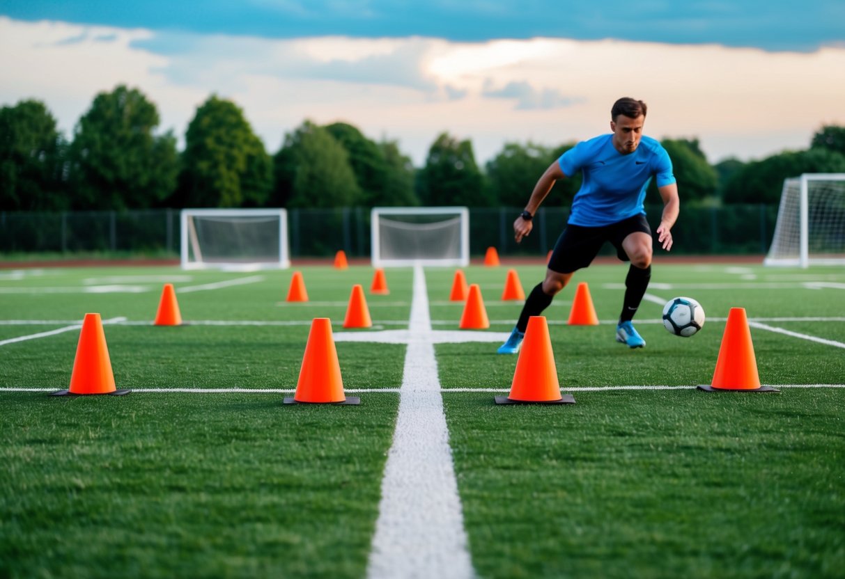 A soccer field with cones set up in a sprint pattern, with a coach or player demonstrating sprinting technique