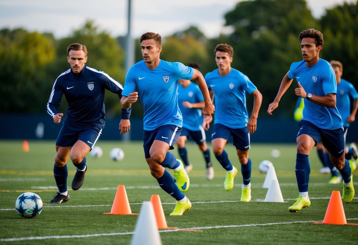 Soccer players sprinting across a field, weaving around cones and performing agility drills under the guidance of a coach