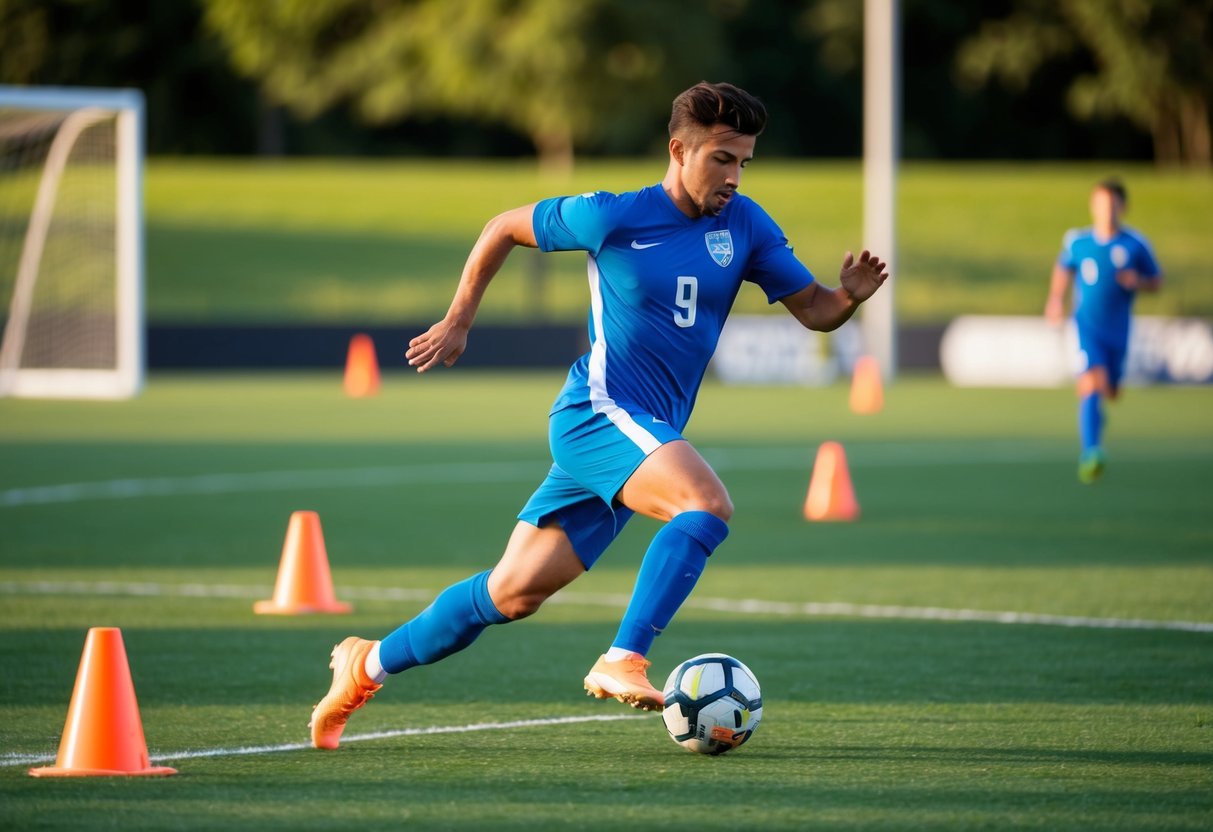 A soccer player sprinting across a grass field, weaving around cones and quickly changing direction