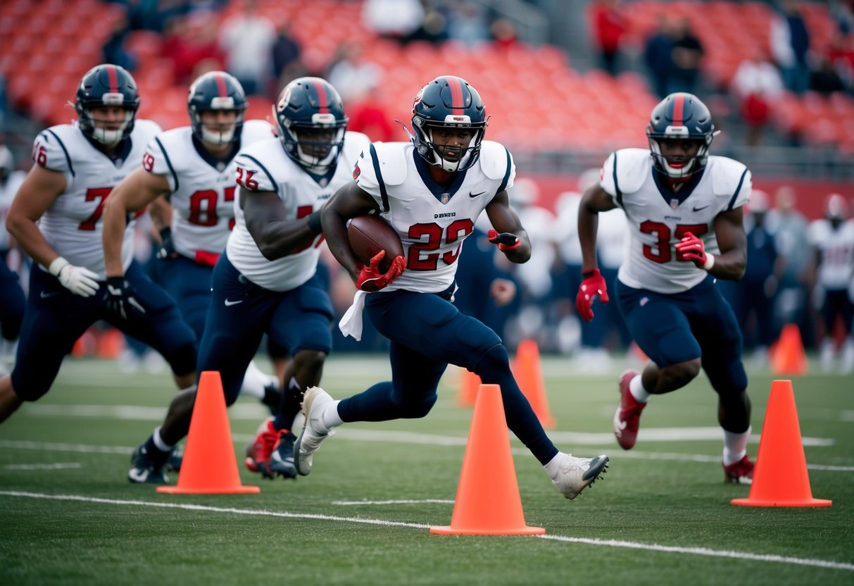 Players weaving through cones on a football field, quickly changing direction and speed