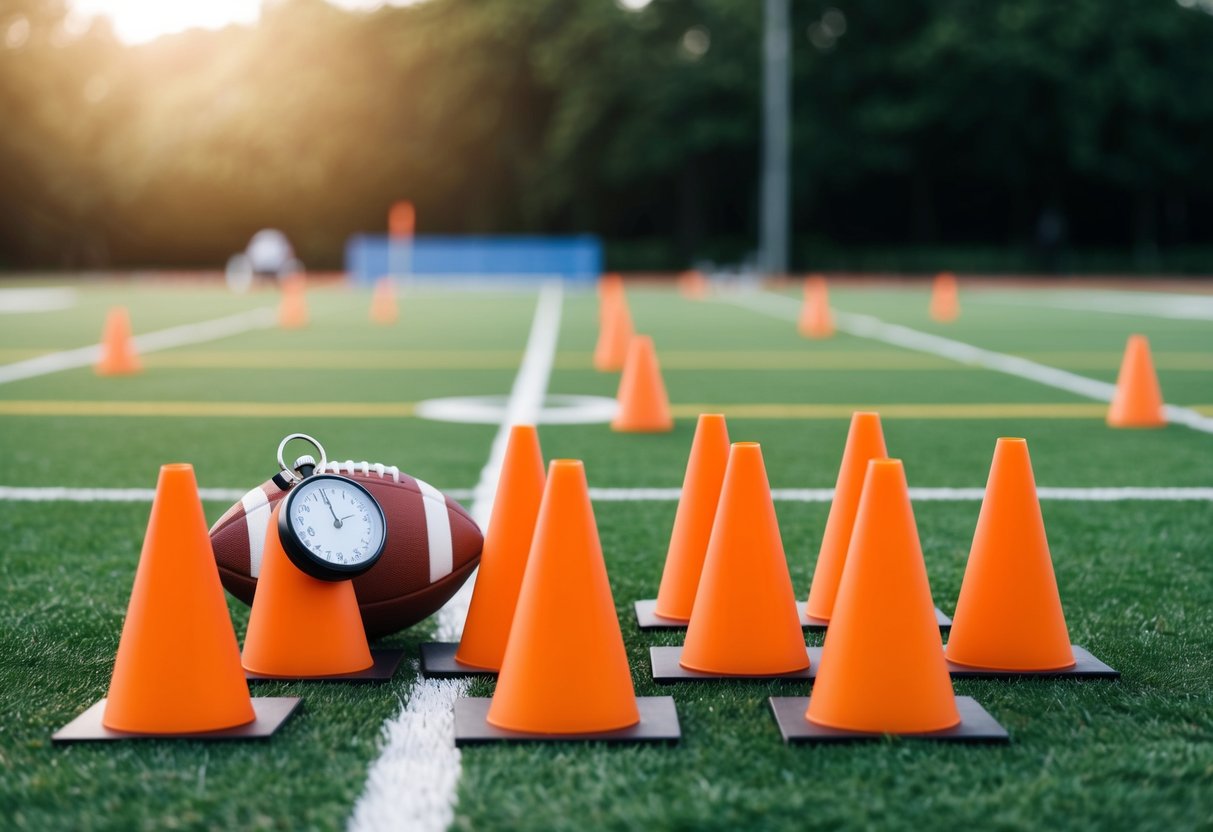 Agility cones arranged in a grid on a grass field, with a football and a stopwatch nearby