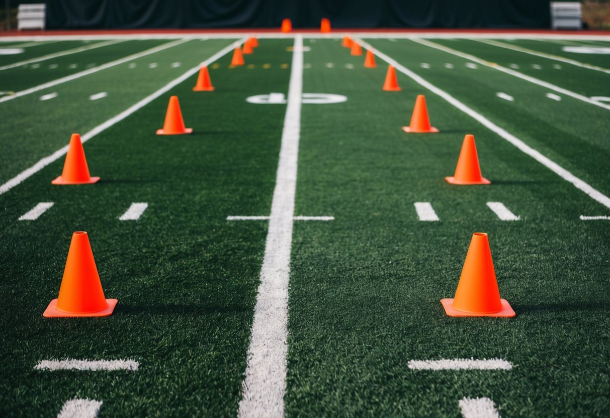 A football field with agility cones set up in various formations for players to practice their agility drills