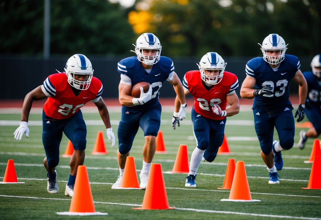 Players weaving through agility cones on a football field