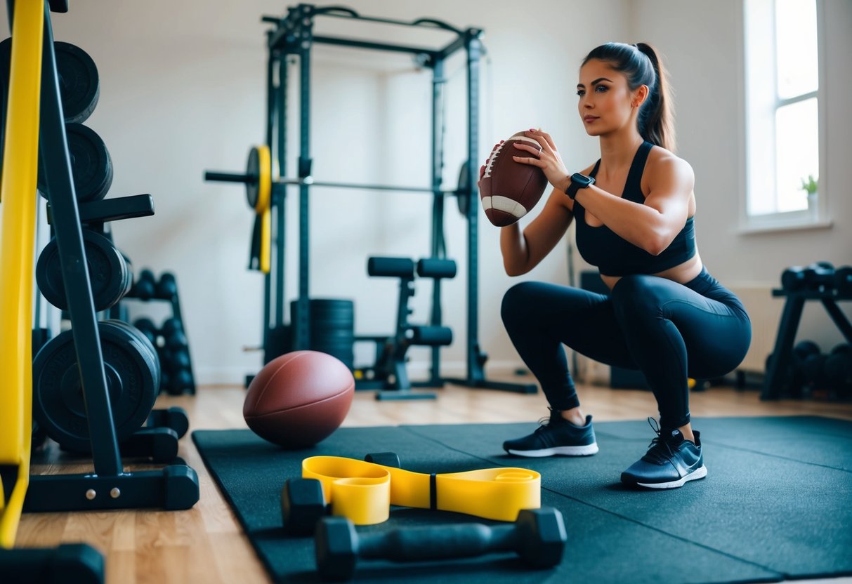 A home gym with weights, resistance bands, and a football. A person is doing squats while holding the football, with other equipment nearby