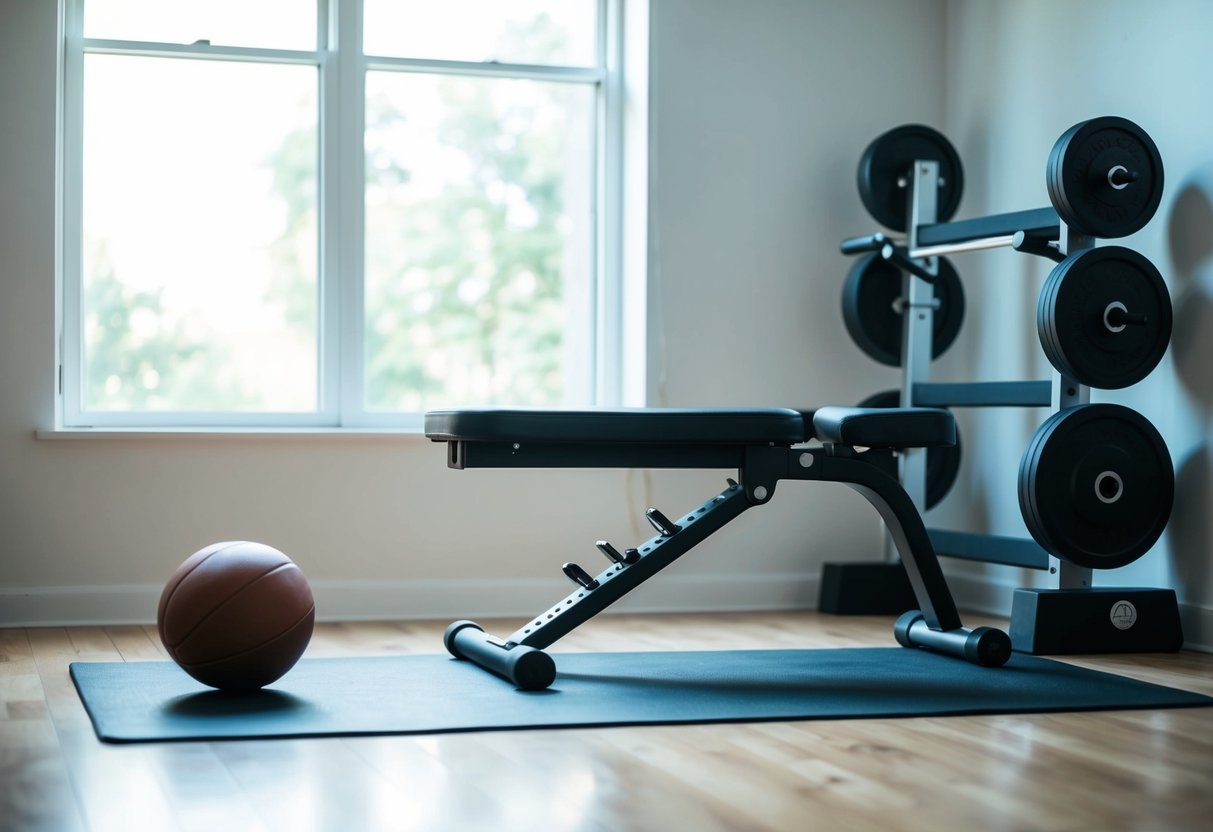 A home gym with weights, resistance bands, and a bench. A football on the floor. Bright natural light coming through a window