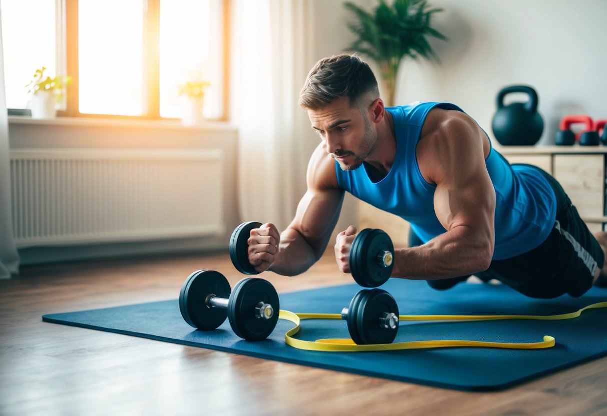 A football player performing strength exercises at home with dumbbells, resistance bands, and a workout mat in a well-lit room