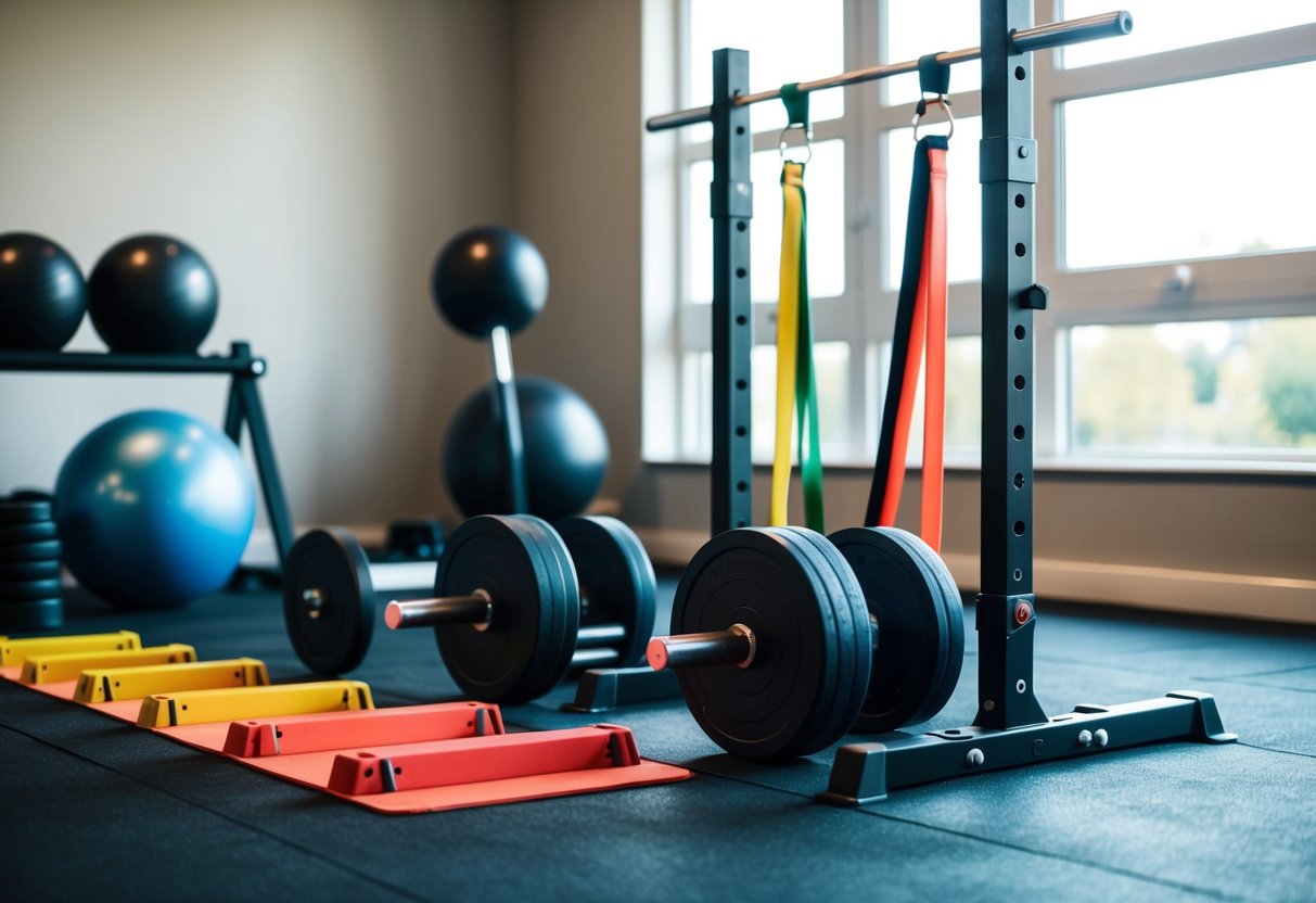 A home gym setup with weights, resistance bands, agility ladder, and speed hurdles