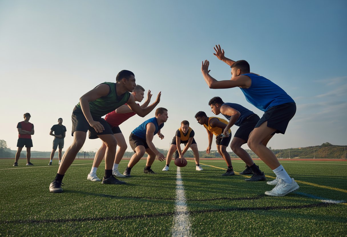 Six flag football defensive players positioned on a green field during a game, preparing to defend against the offense.