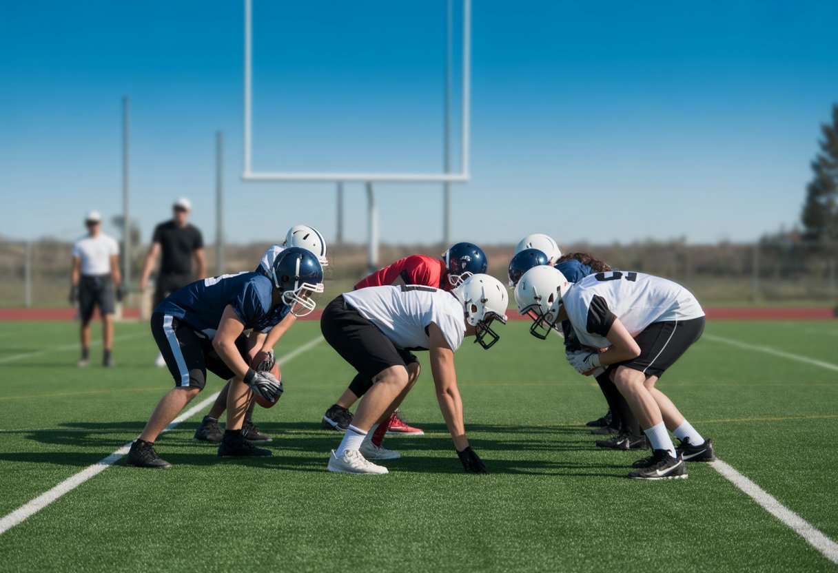 Six flag football players in defensive positions on a marked football field preparing for a play.