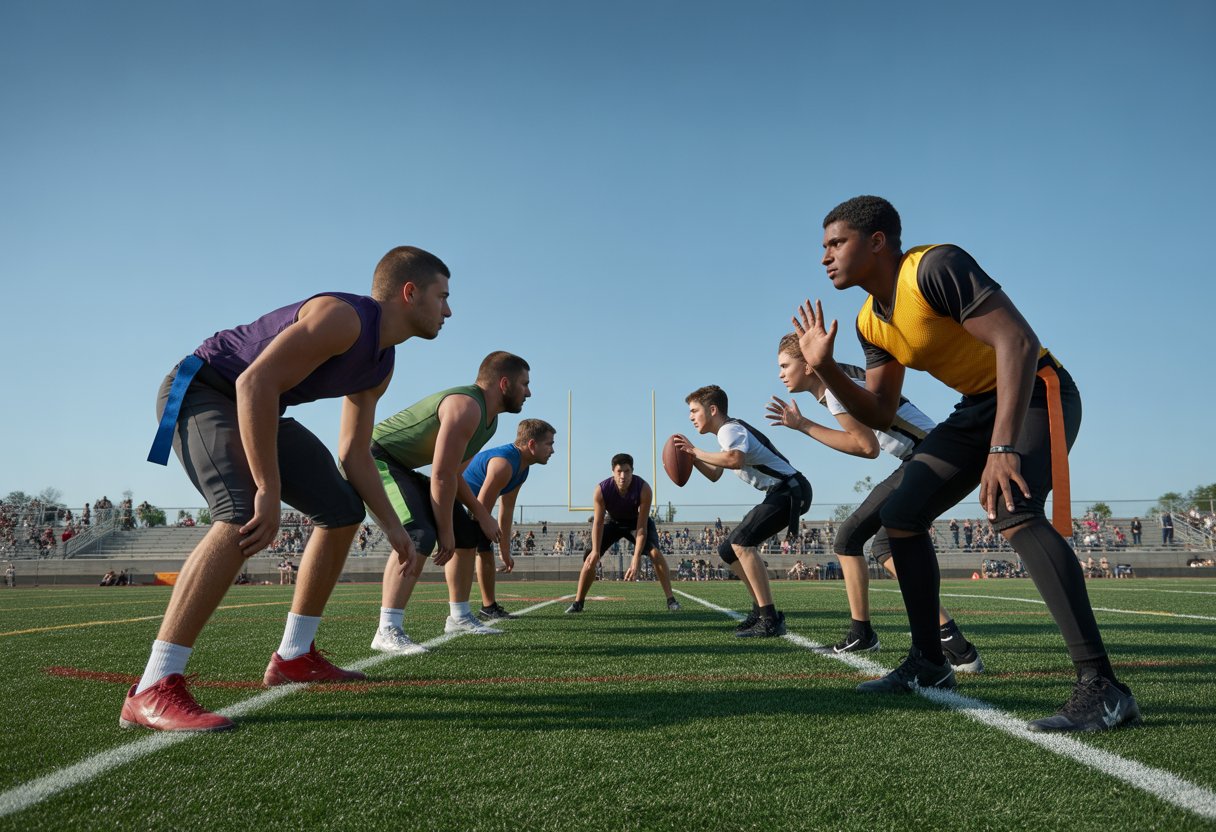 Six defensive flag football players lined up on the field preparing to stop an offensive play during a 6 on 6 game.